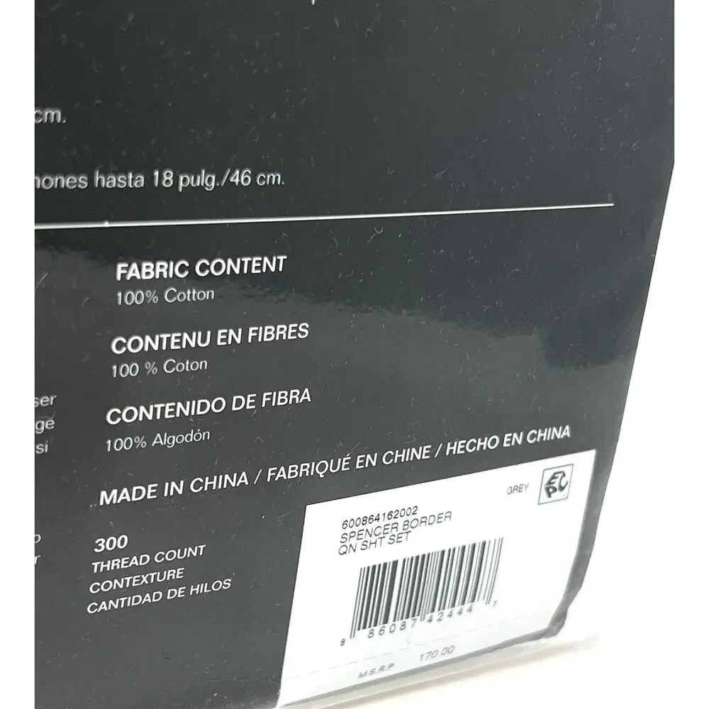 Ralph Lauren Spencer Border Sateen Queen Sheet Set White Grey Gray 4 Pcs. NIP